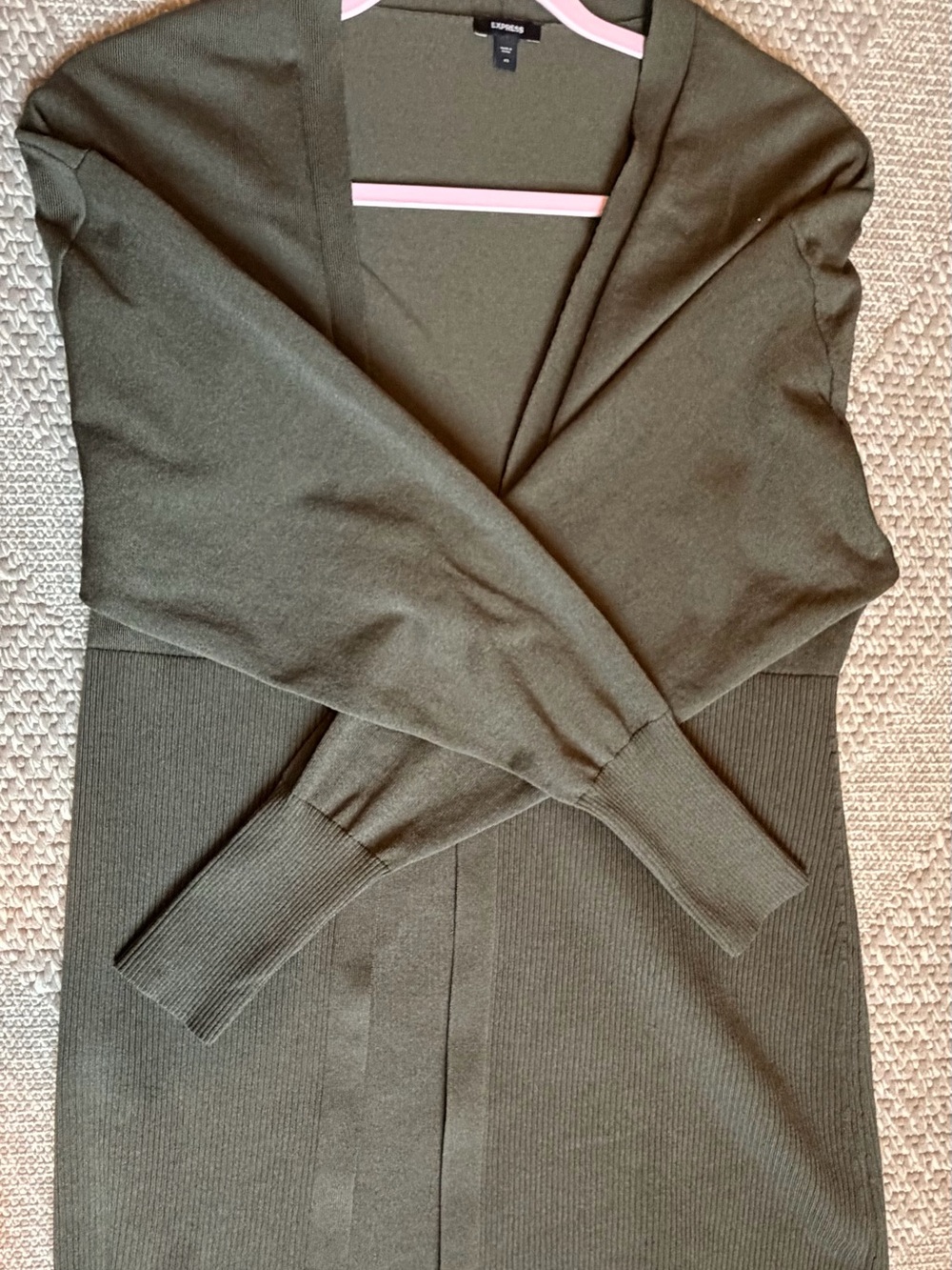 Express Olive Open-Front Ribbed Knit Cardigan - Picture 3 of 5